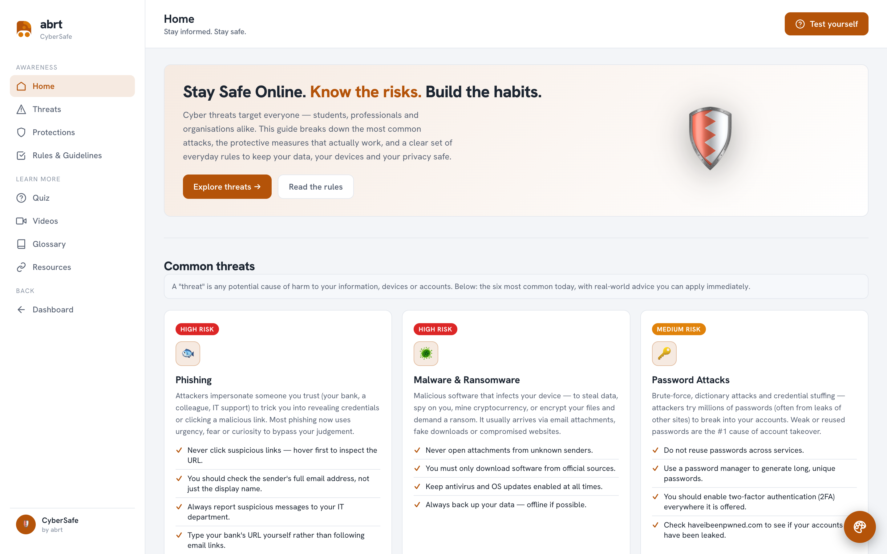 Page d'accueil de CyberSafe