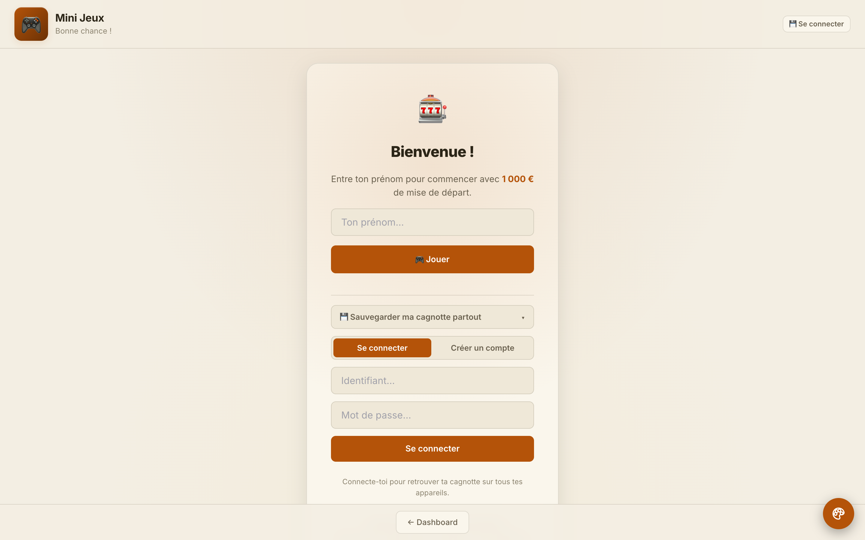 Accueil de Mini-jeux et création de compte